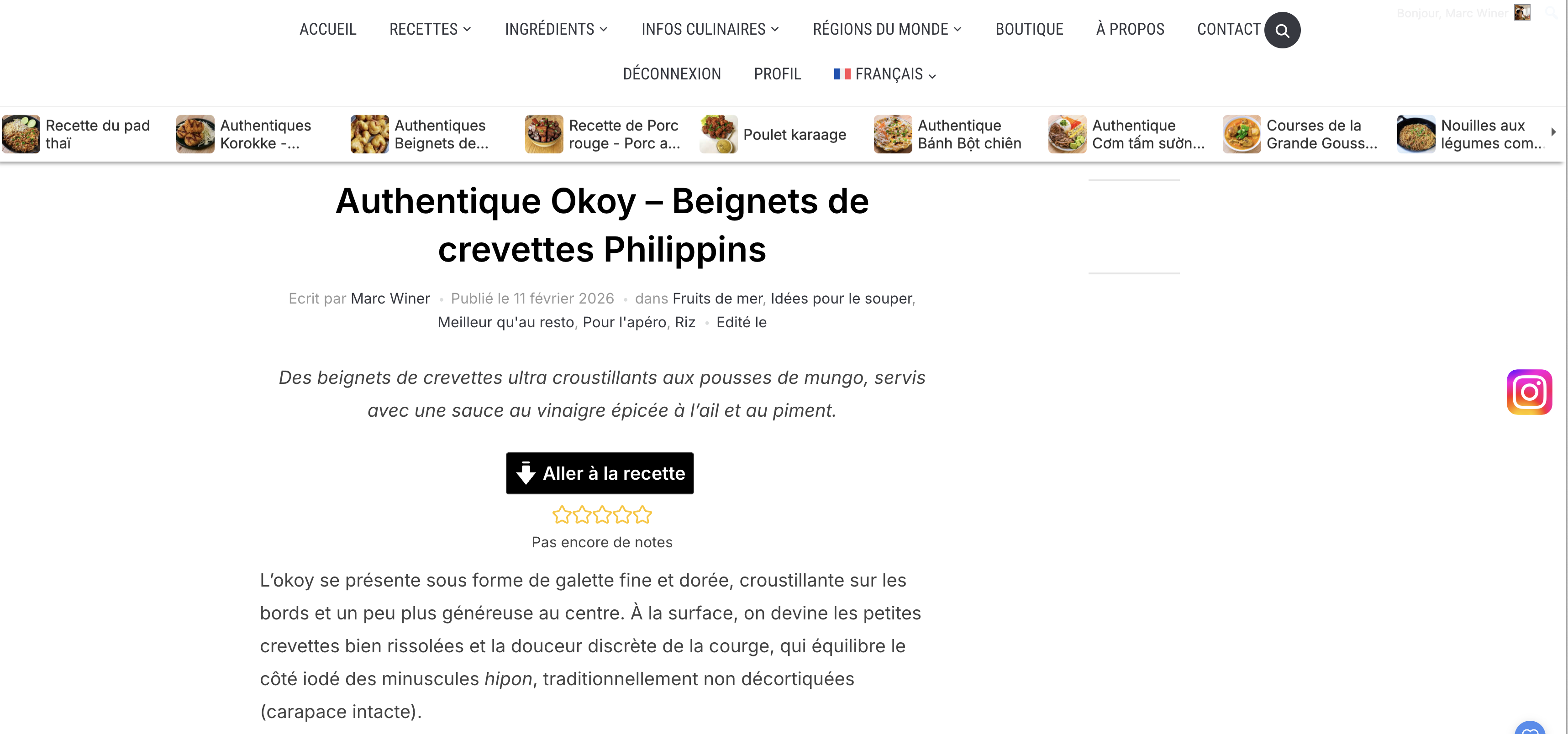 Floating Instagram sur bureau — logo visible sur une page de recette