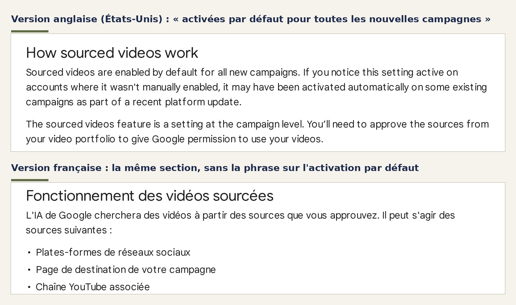 Deux extraits de la page d'aide Google Ads sur les vidéos sourcées : la version anglaise indique une activation par défaut, la version française n'en parle pas