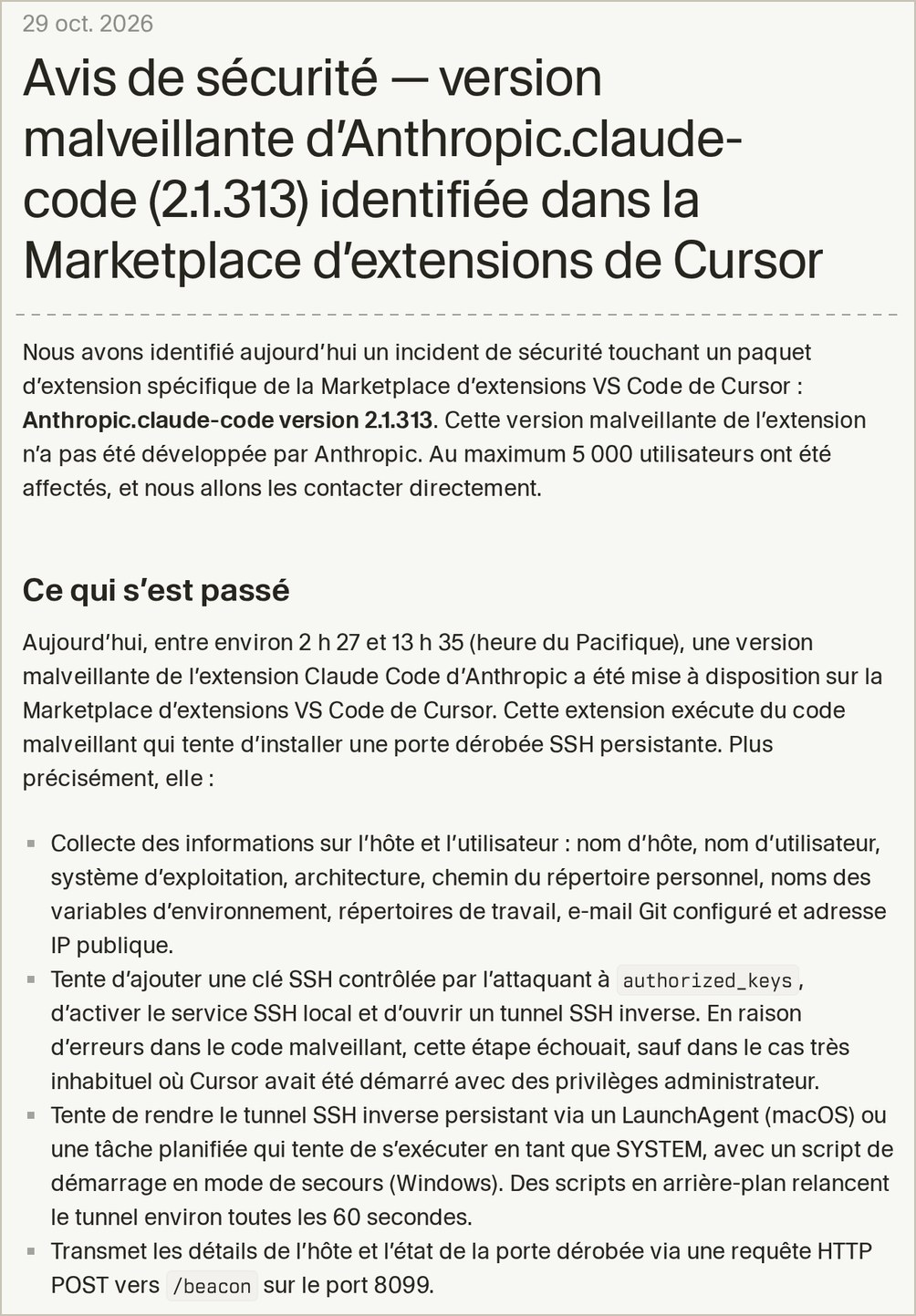 Extraits de l'avis de sécurité de Cursor du 29 octobre 2026 : le titre, l'annonce d'au maximum 5 000 utilisateurs touchés et la liste de ce que fait la version 2.1.313 piégée de l'extension Claude Code