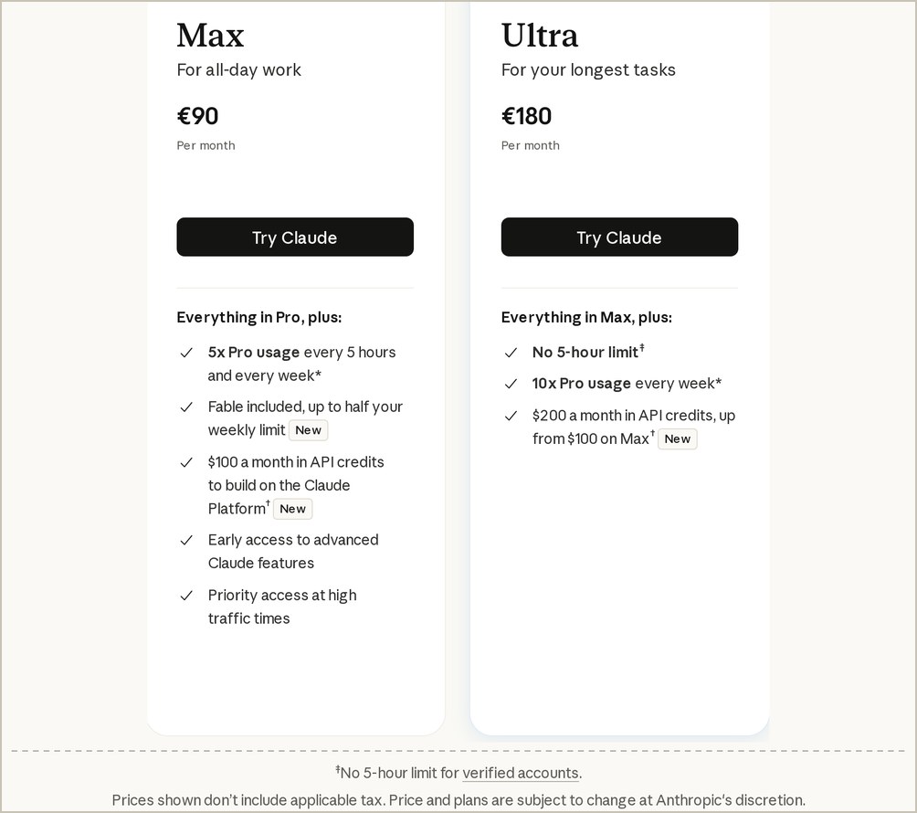 Excerpts from Claude's pricing page as displayed in France on October 30, 2026: Max at 90 euros a month with 5x Pro usage every 5 hours and every week, Ultra at 180 euros a month with no 5-hour limit and 10x Pro usage every week, and the note "No 5-hour limit for verified accounts"