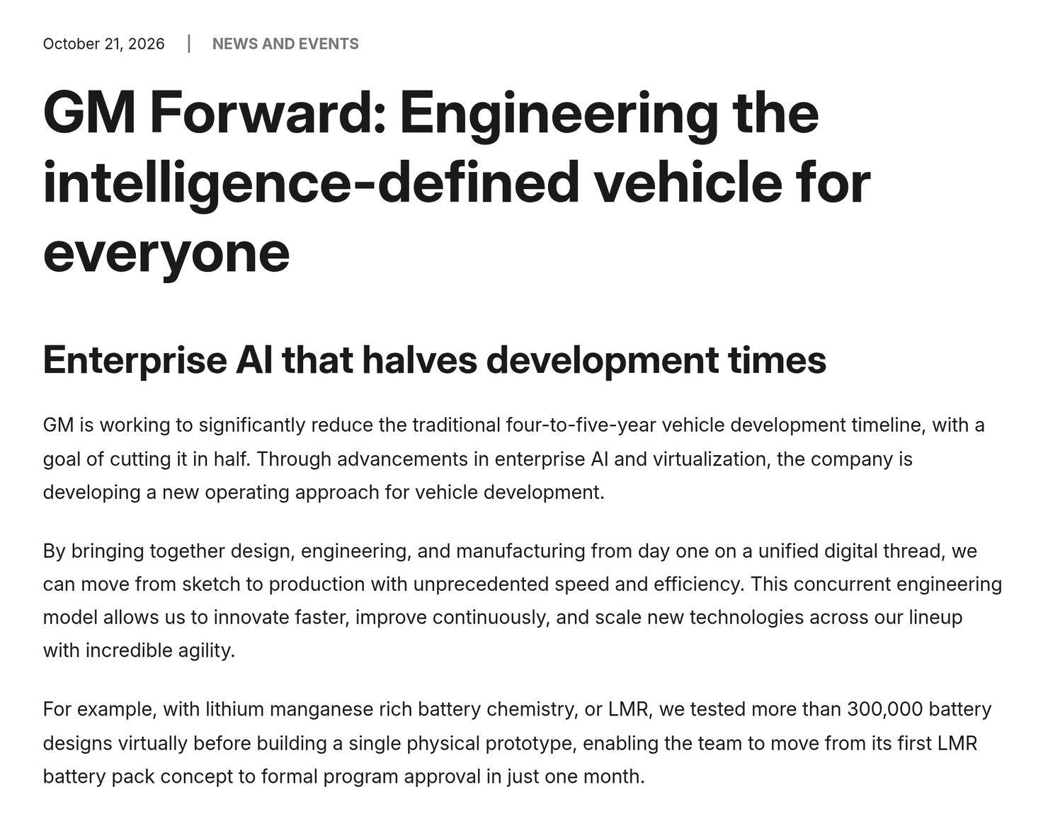 Capture du communiqué de GM du 21 octobre 2026 sur GM Forward, section Enterprise AI that halves development times, avec l'objectif de diviser par deux le cycle de quatre à cinq ans et les 300 000 conceptions de batteries testées virtuellement