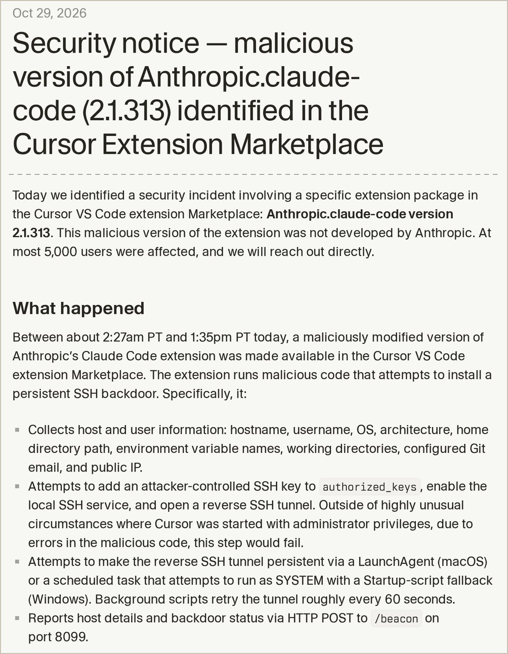 Excerpts from Cursor's October 29, 2026 security notice: the title, the statement that at most 5,000 users were affected, and the list of what the tampered Claude Code extension 2.1.313 does