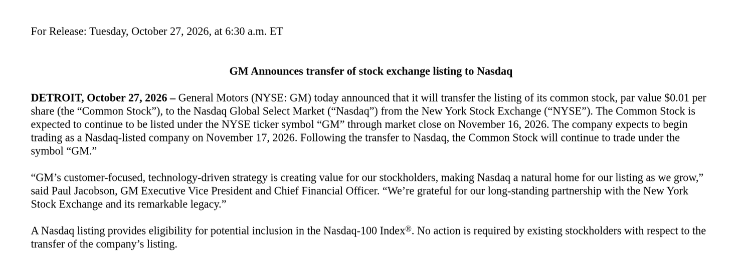 Capture du communiqué de GM déposé auprès de la SEC le 27 octobre 2026, qui annonce le transfert de sa cotation du NYSE au Nasdaq à partir du 17 novembre 2026