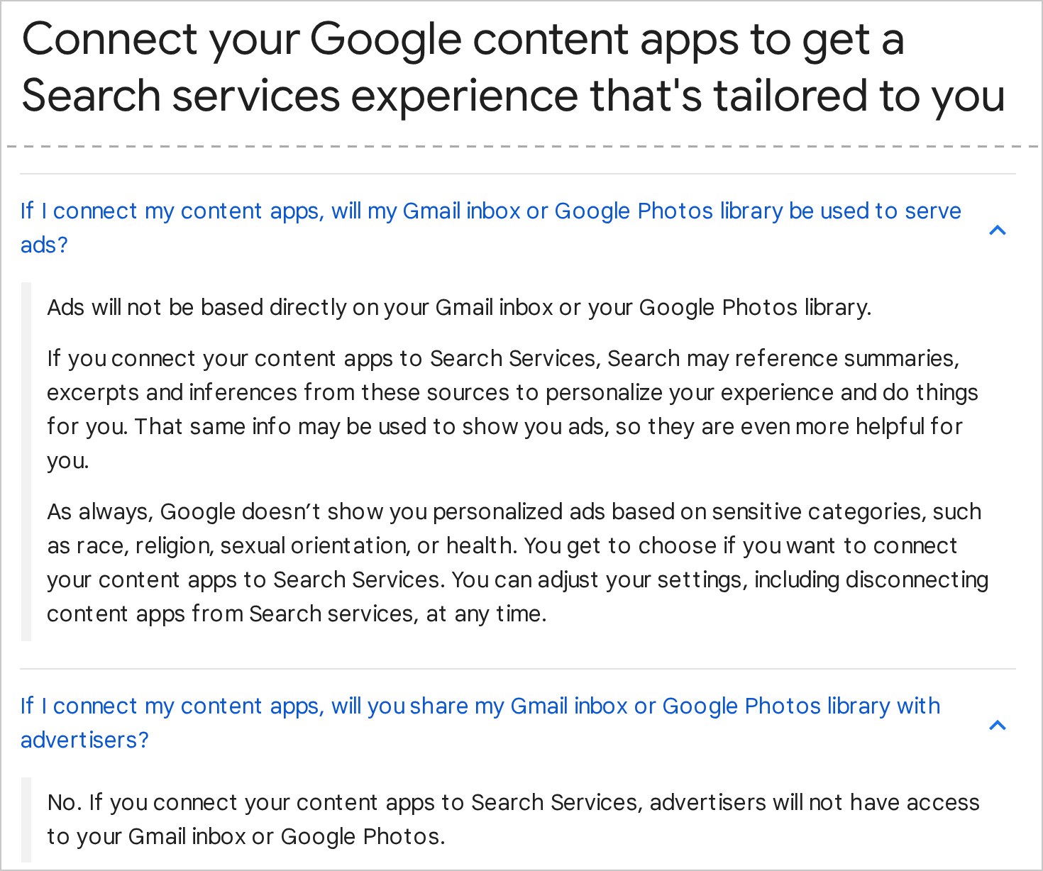Capture de la page d'aide de la Recherche Google, en anglais : le titre de la page, puis les deux questions sur la publicité, avec la réponse qui mentionne les résumés, extraits et inférences, et celle qui exclut l'accès des annonceurs