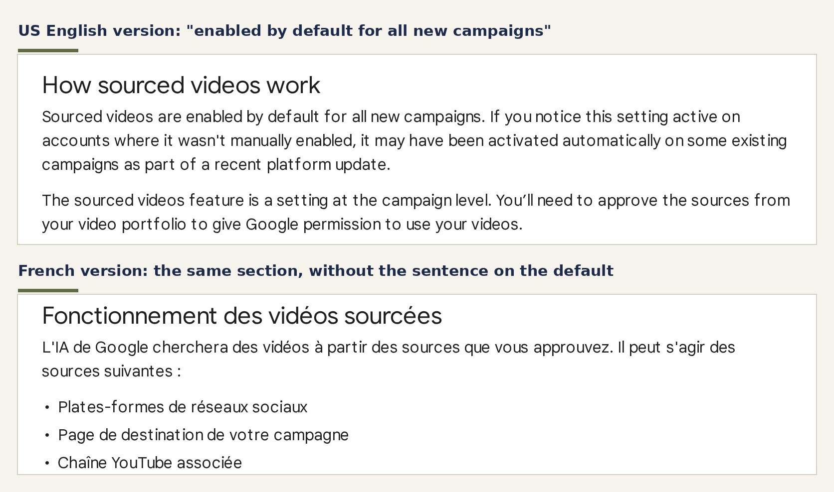 Two excerpts from the Google Ads Help page on sourced videos: the US English version says the feature is on by default, the French version does not mention it