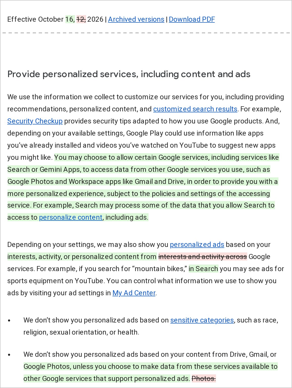 Capture de la page de comparaison de Google entre les versions du 12 et du 16 octobre 2026 de ses règles de confidentialité, en anglais : la date d'entrée en vigueur, puis la section sur les services personnalisés et les annonces, avec les ajouts surlignés en vert et les suppressions barrées en rouge