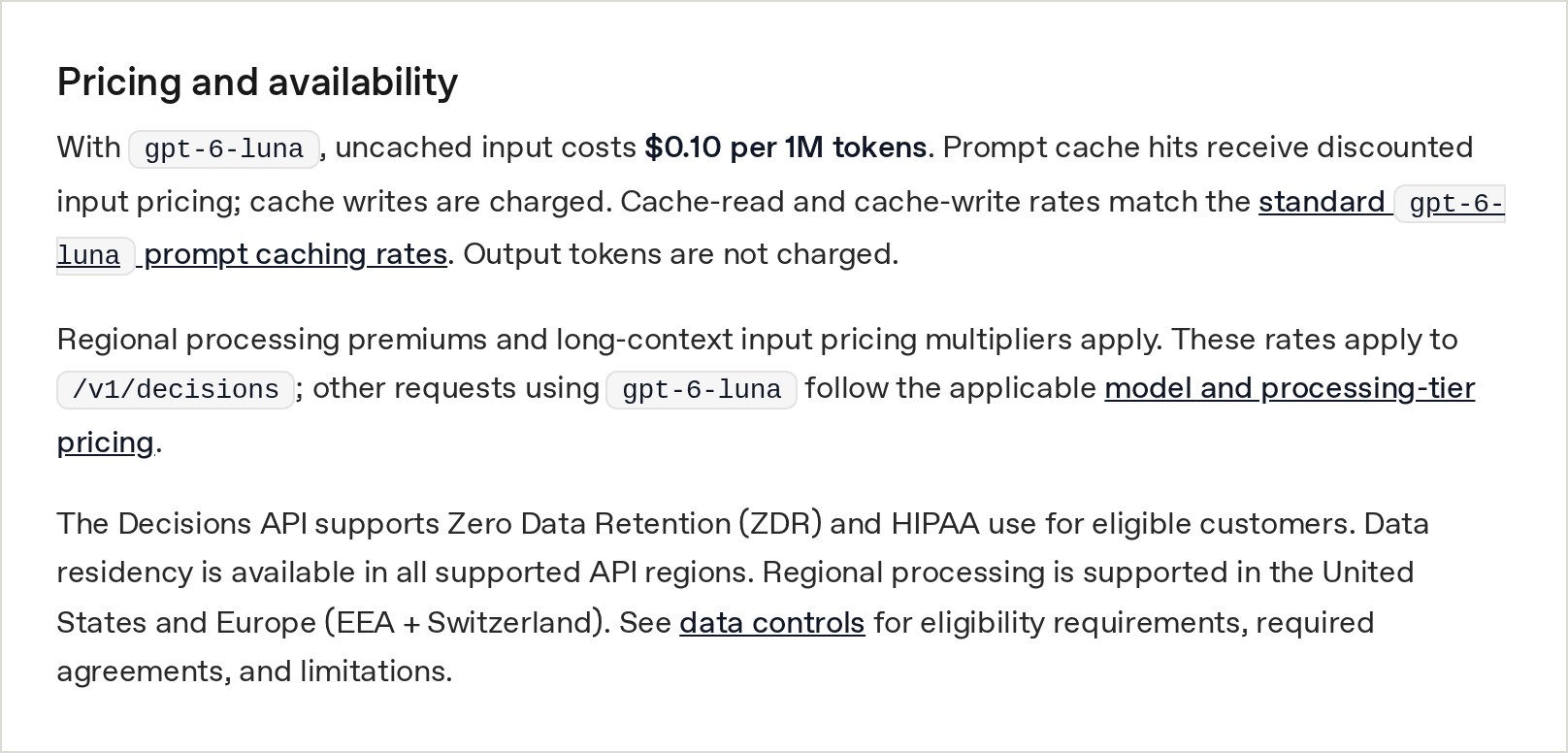 Capture du guide Decisions d'OpenAI : la section des tarifs et de la disponibilité, avec l'entrée à 0,10 dollar par million de tokens, la sortie non facturée et le traitement régional aux États-Unis et en Europe