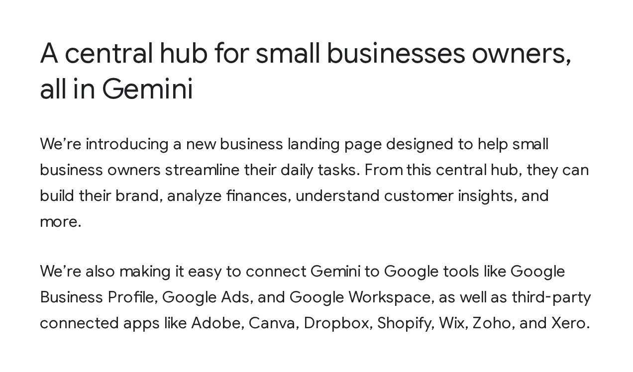 Screenshot of Google's October 20, 2026 post: the paragraph on the new landing page for small business owners and the list of connected apps, from Google Business Profile to Xero