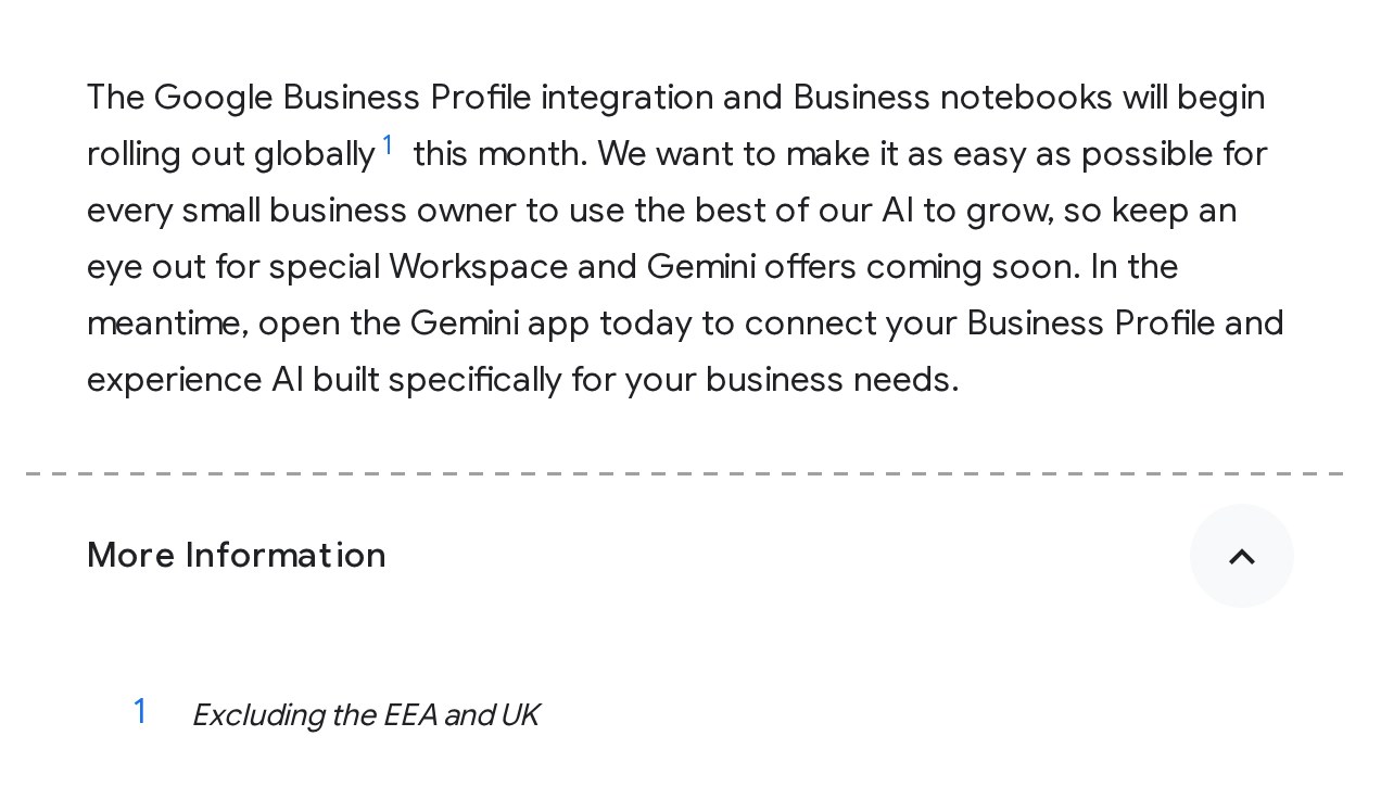 Screenshot of Google's June 10, 2026 post: the Business Profile integration and Business notebooks "will begin rolling out globally," with a footnote that reads "Excluding the EEA and UK"