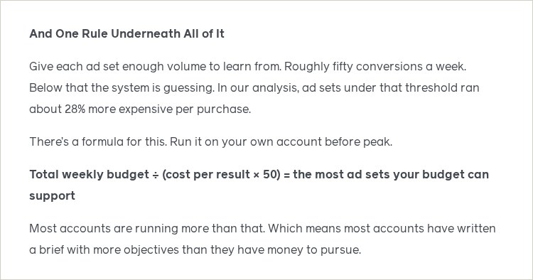 Extrait du billet de Meta du 21 octobre 2026 : environ 50 conversions par semaine, ensembles sous ce seuil environ 28 % plus chers par achat, et formule du nombre maximal d'ensembles de publicités