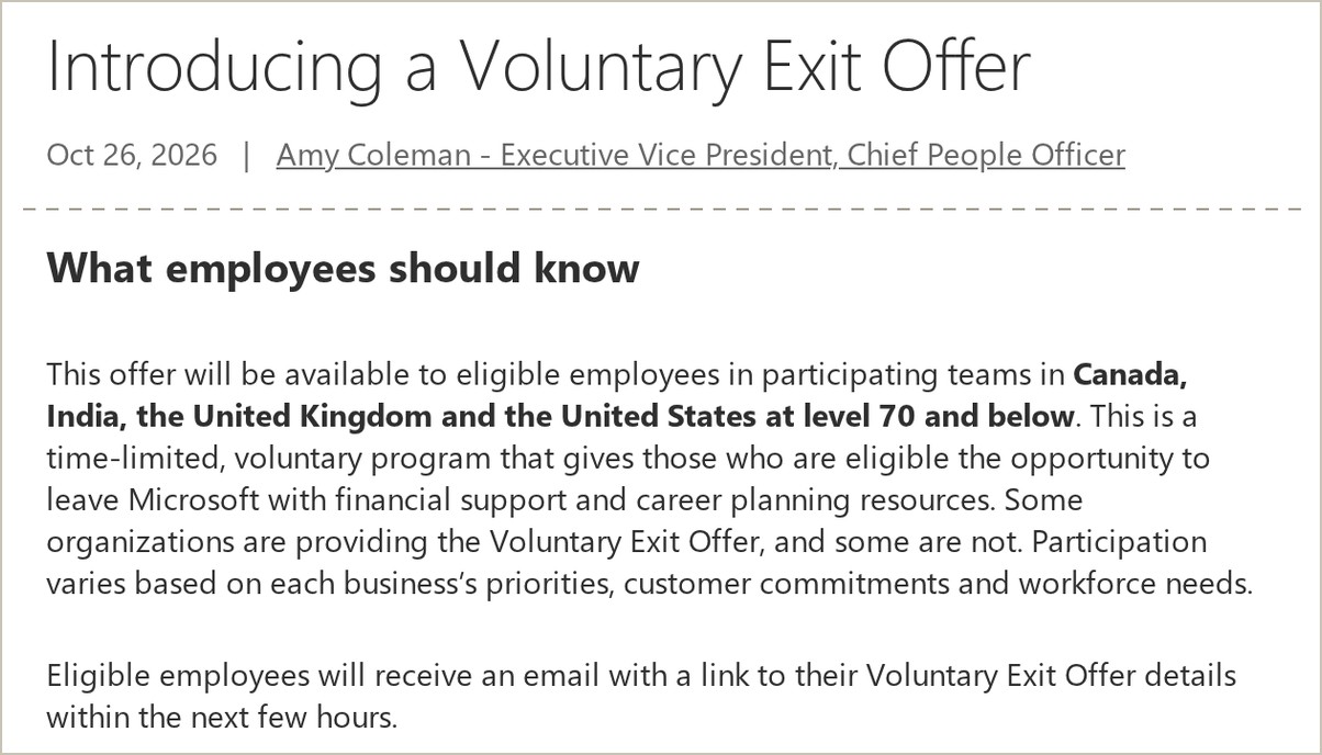 Excerpts from “Introducing a Voluntary Exit Offer,” posted on the Official Microsoft Blog on October 26, 2026: the offer covers participating teams in Canada, India, the United Kingdom and the United States at level 70 and below