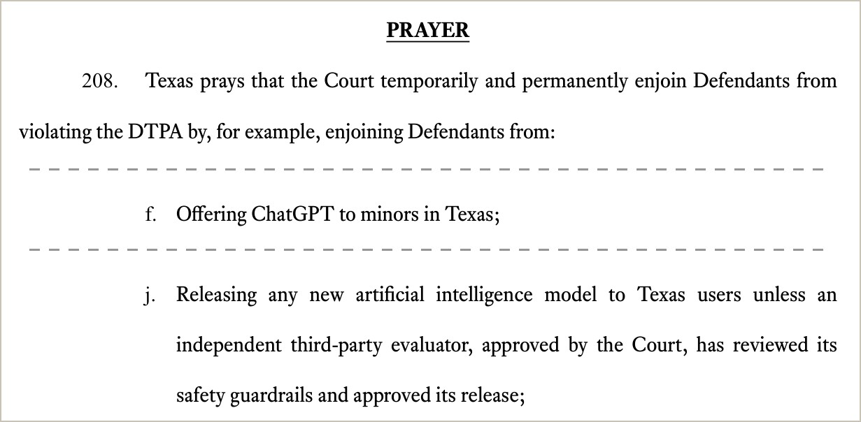 Extraits du paragraphe 208 de la requête du Texas : interdire de proposer ChatGPT aux mineurs du Texas et de sortir un nouveau modèle sans l'accord d'un évaluateur agréé par le tribunal