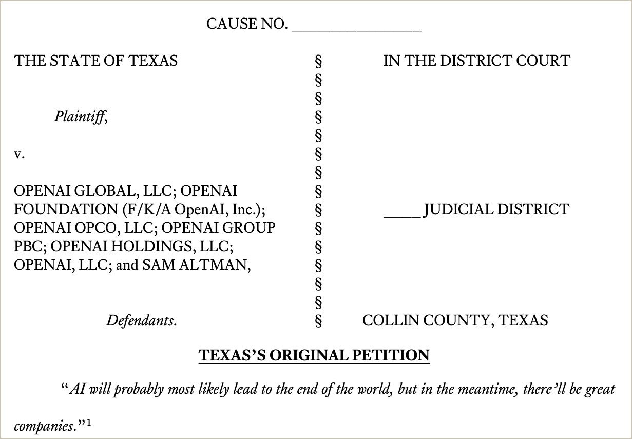 Première page de la requête du Texas : l'État du Texas contre six sociétés d'OpenAI et Sam Altman, tribunal de district du comté de Collin, avec une citation de Sam Altman en exergue