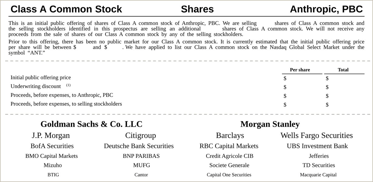Screenshot of the cover of Anthropic's preliminary prospectus: the application to list on Nasdaq under the symbol ANT, the blank table of price and proceeds, and the list of 22 banks