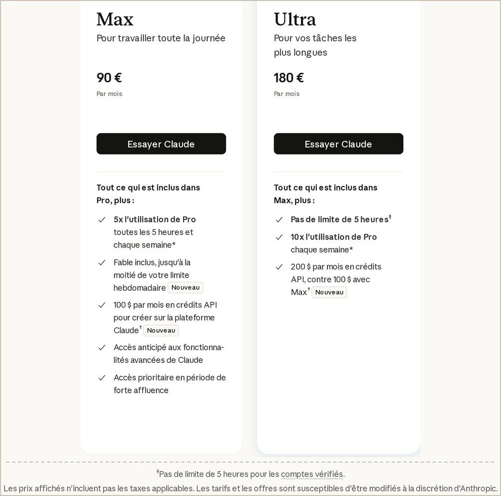 Extraits de la page tarifs de Claude consultée depuis la France le 30 octobre 2026 : la formule Max à 90 euros par mois avec 5 fois l'usage de Pro toutes les 5 heures et chaque semaine, la formule Ultra à 180 euros par mois sans limite de 5 heures et avec 10 fois l'usage de Pro chaque semaine, et la note « Pas de limite de 5 heures pour les comptes vérifiés »