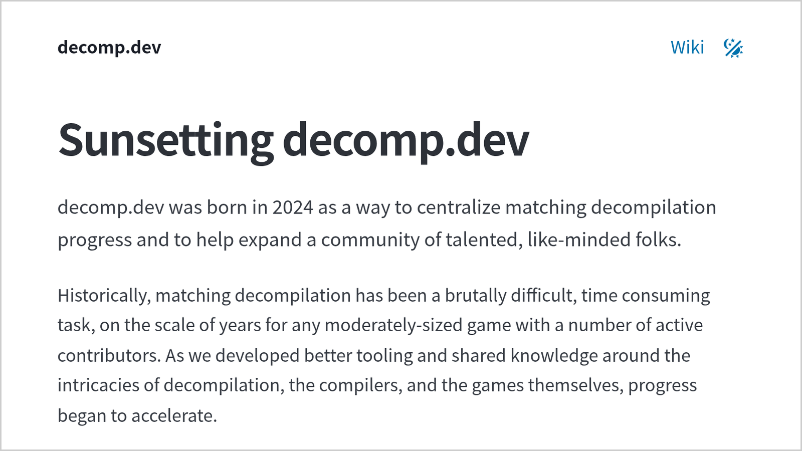 Capture de l'avis Sunsetting decomp.dev : le titre et ses deux premiers paragraphes, qui décrivent la décompilation à l'identique comme un travail de plusieurs années