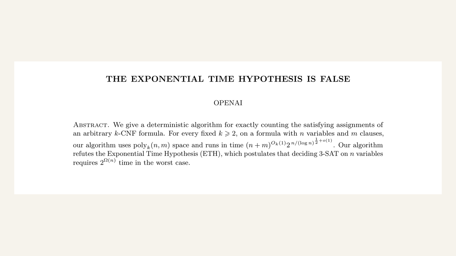 Screenshot of the first page of the OpenAI paper The Exponential Time Hypothesis is False, with the author line OPENAI and the abstract