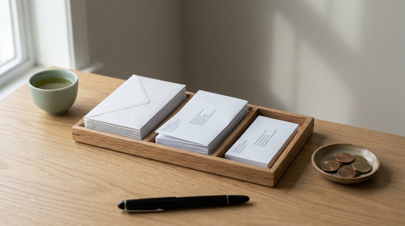 Illustration générée par IA : sur un bureau en chêne clair, un plateau en bois range des enveloppes triées par taille, à côté d'une coupelle de pièces sans motif, d'une tasse de thé vert et d'un stylo plume.