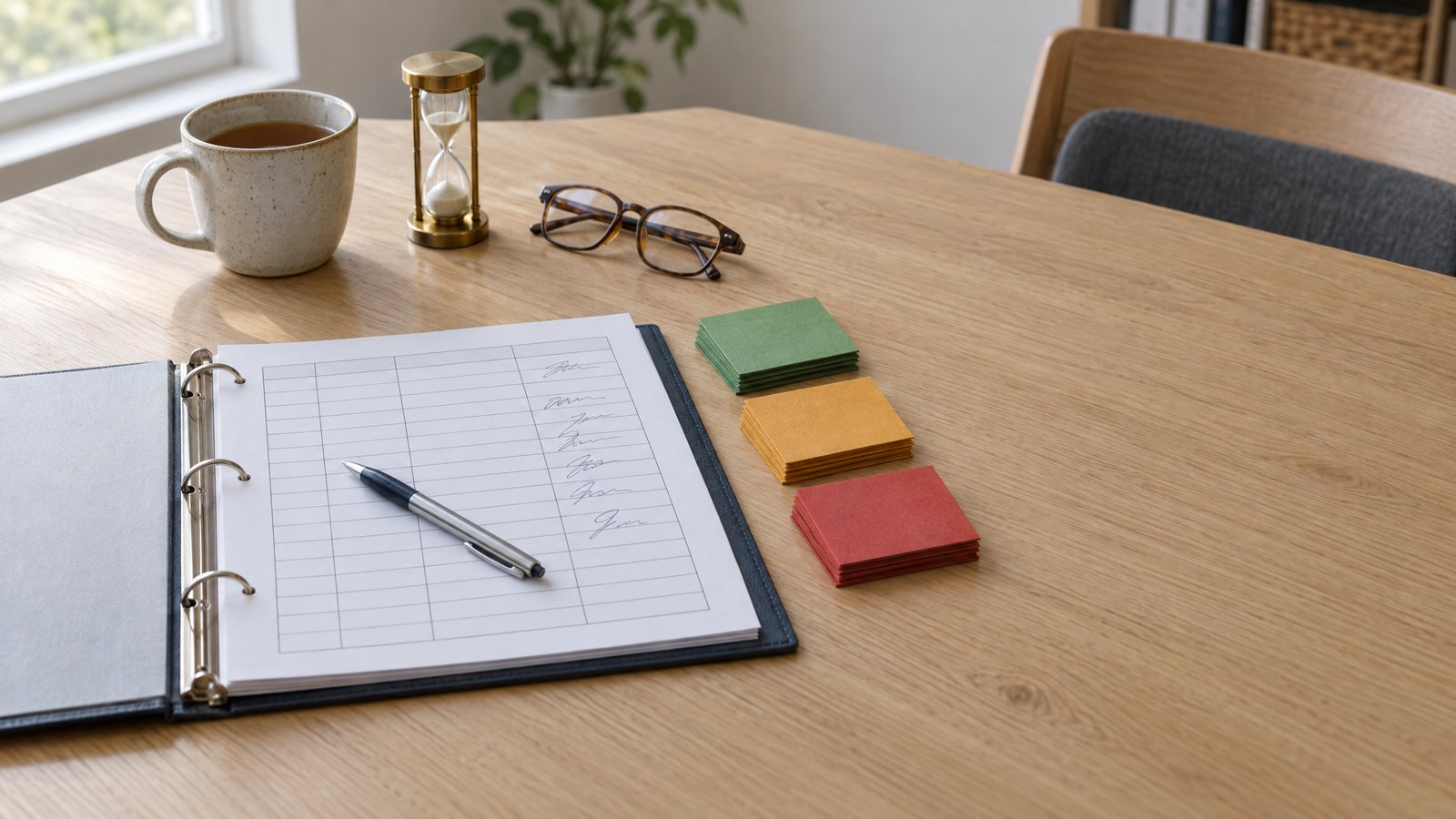 Classeur ouvert sur une feuille de présence signée, à côté de trois piles de cartes vertes, orange et rouges et d'un sablier