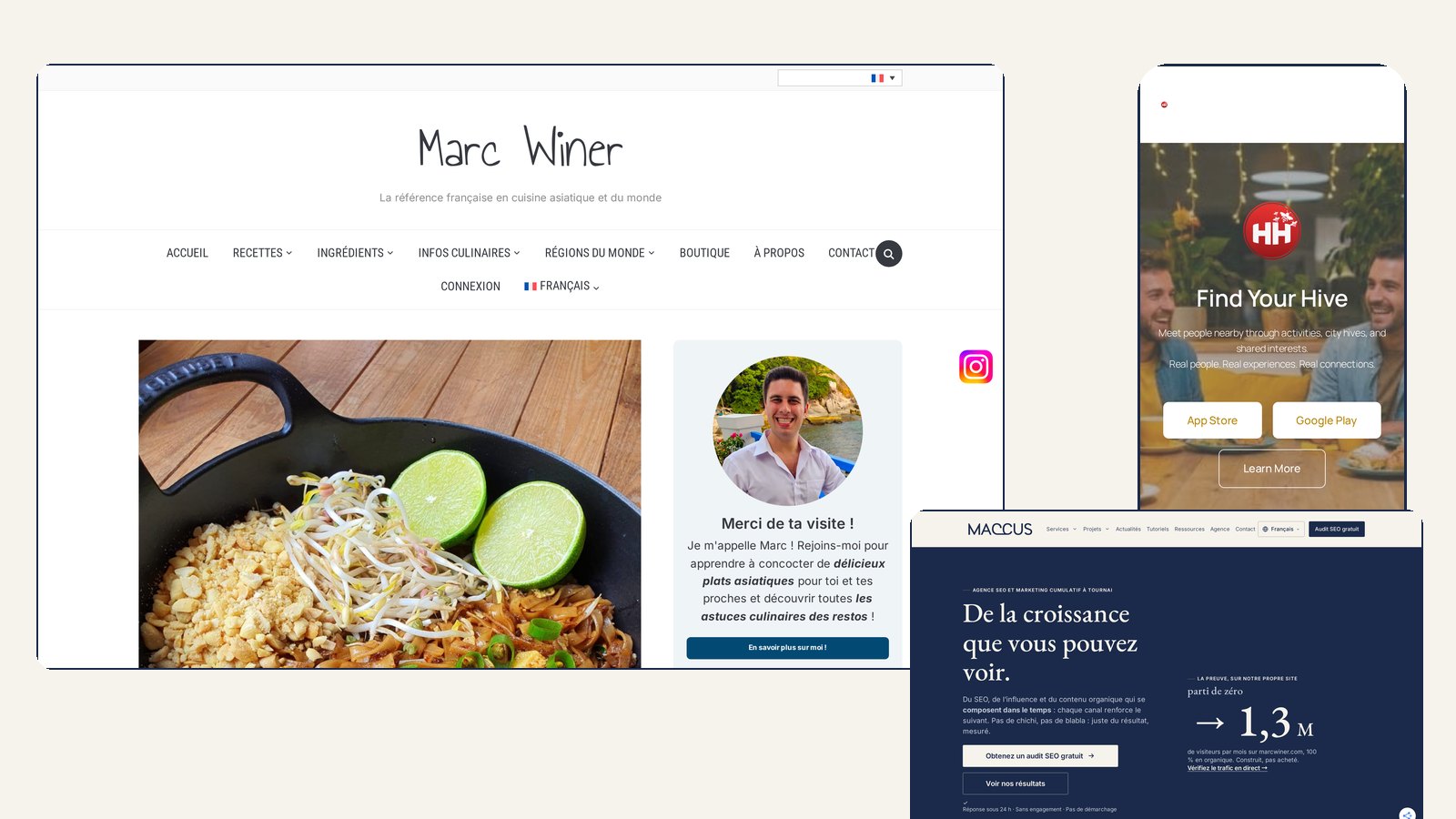 Captures d'écran de marcwiner.com sur ordinateur, de HitchHive sur téléphone et de maccus.fr
