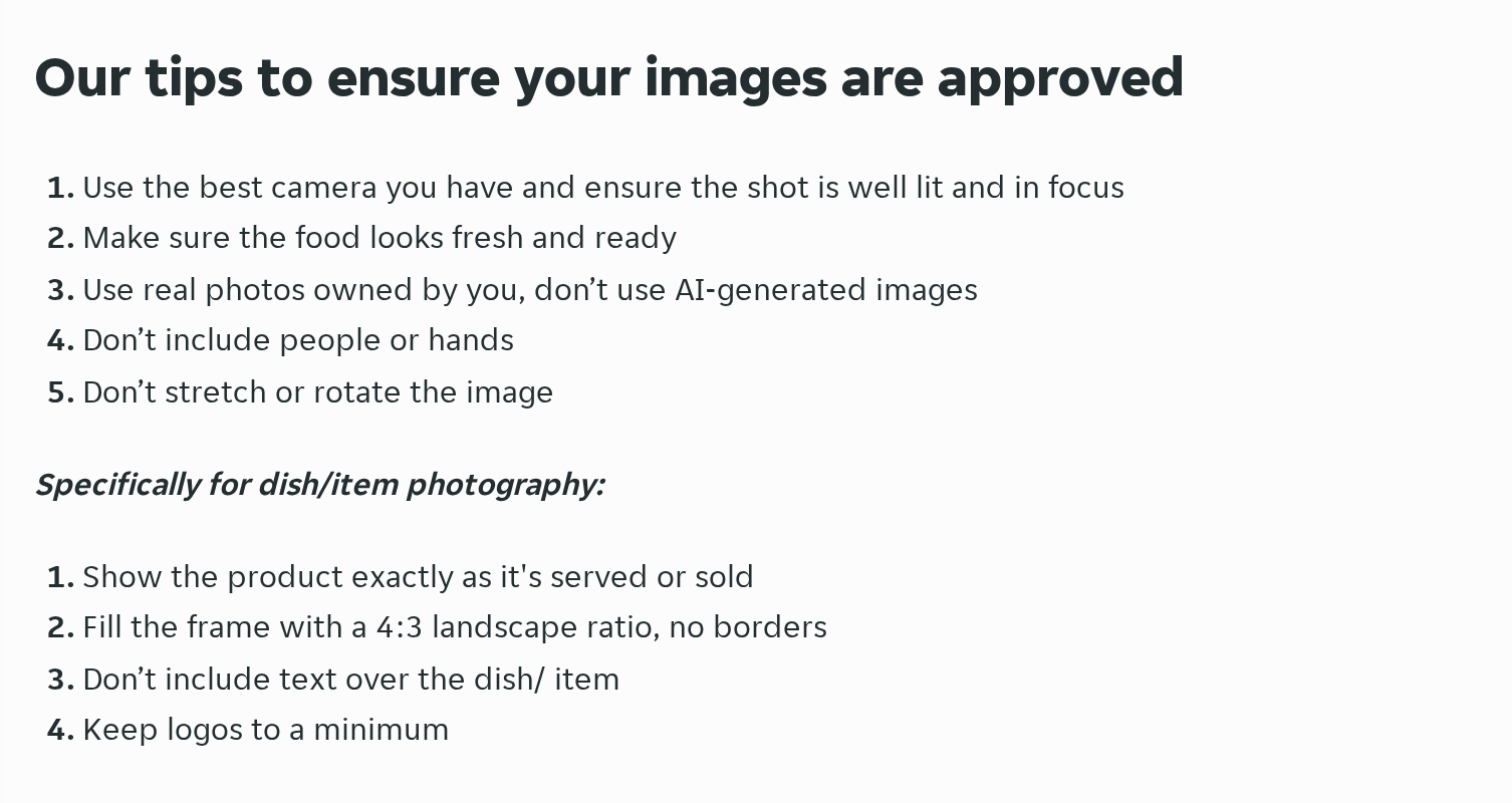Screenshot of Just Eat Ireland's help page for restaurants: the list of tips for getting photos approved, including "Use real photos owned by you, don't use AI-generated images" and "Show the product exactly as it's served or sold."