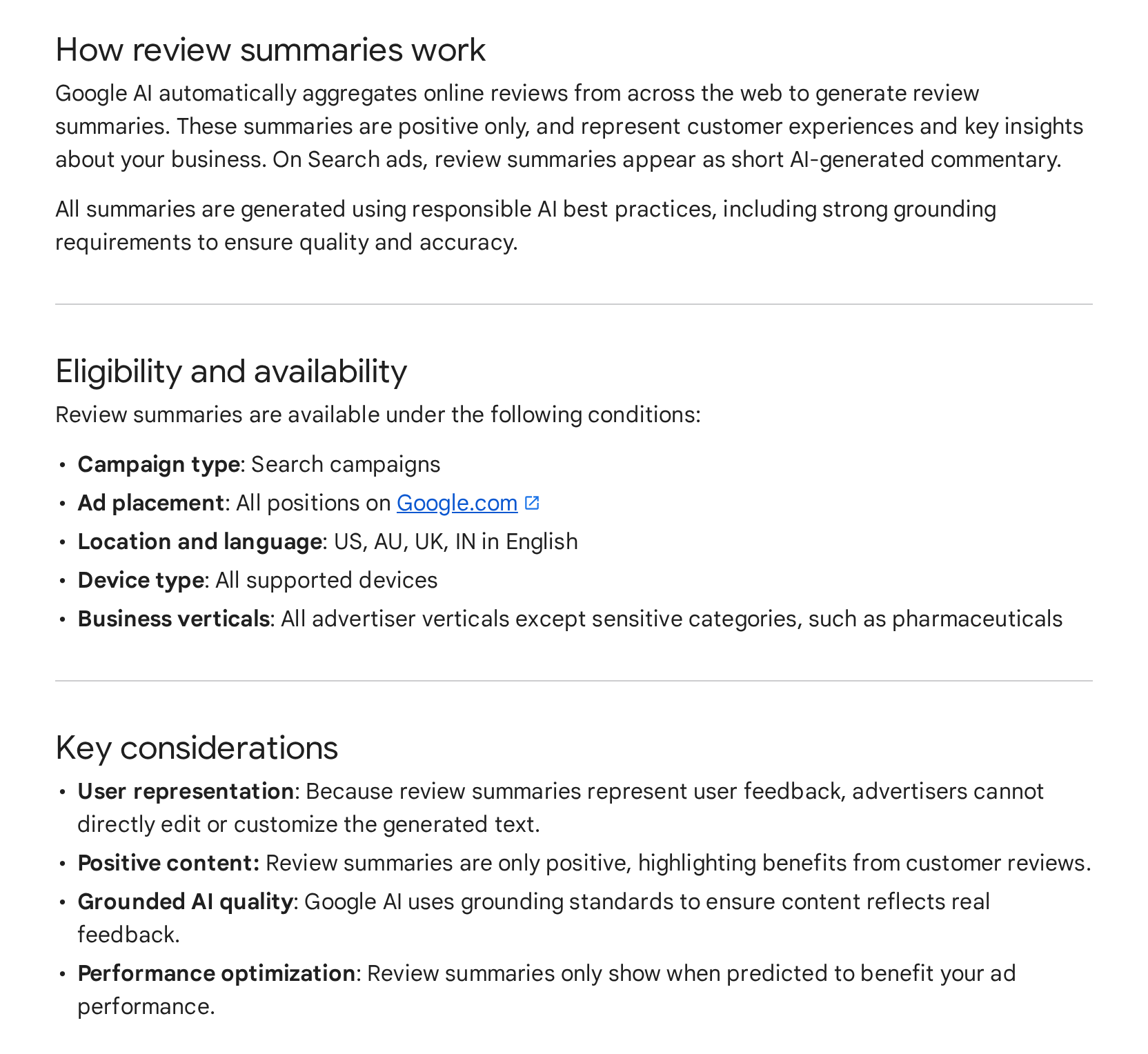 Excerpt of the Google Ads Help page “About Review summaries”: how review summaries work and where they are available