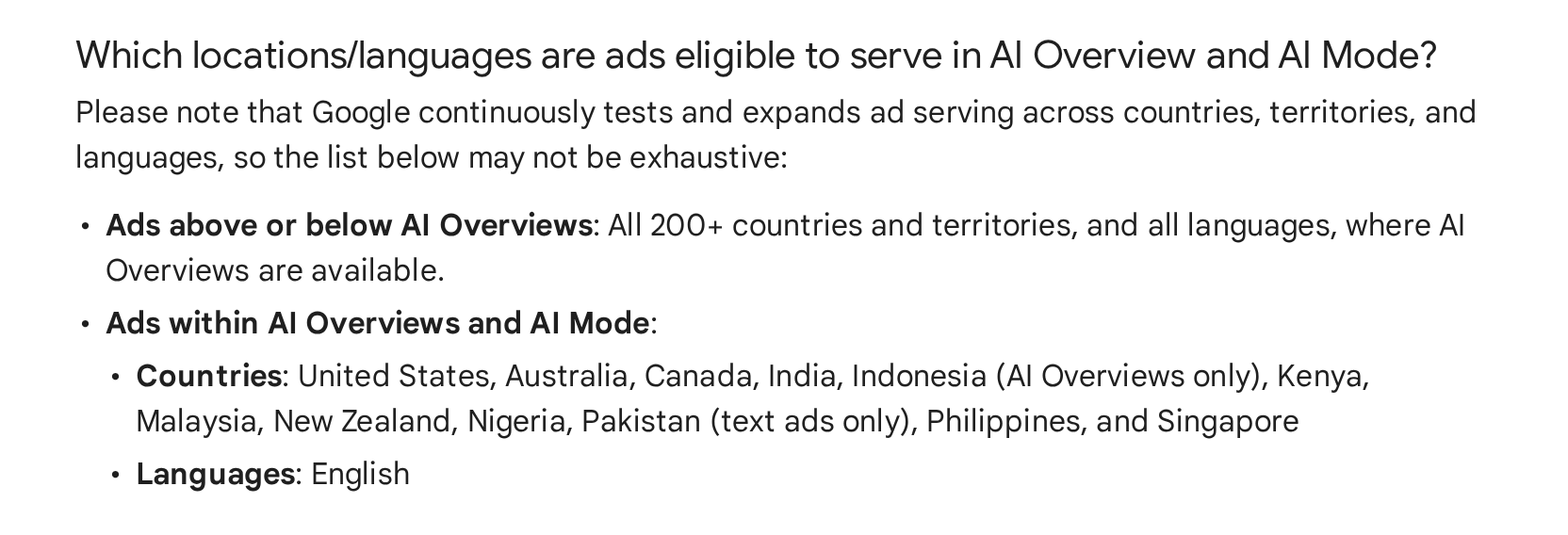 Excerpt of the Google Ads Help page on ads in AI-powered Search experiences: countries and language where the ads serve