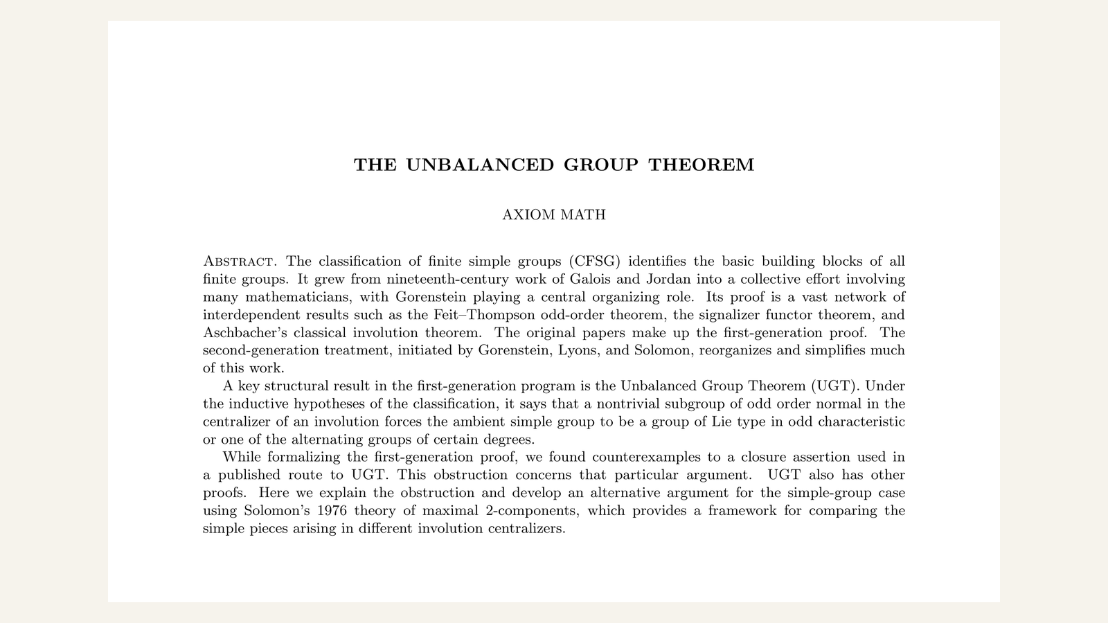 Screenshot of the first page of the paper The Unbalanced Group Theorem by Axiom Math, showing its abstract, which says counterexamples were found to a closure assertion used in a published route to the theorem and that the theorem also has other proofs